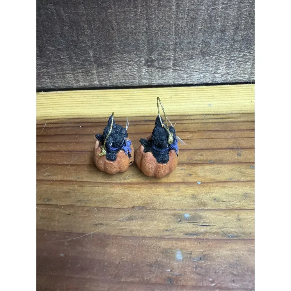 Boyds Midnight Sneakypuss Mini Lil Pumpkin Friends Cat Ornament Halloween Set 2